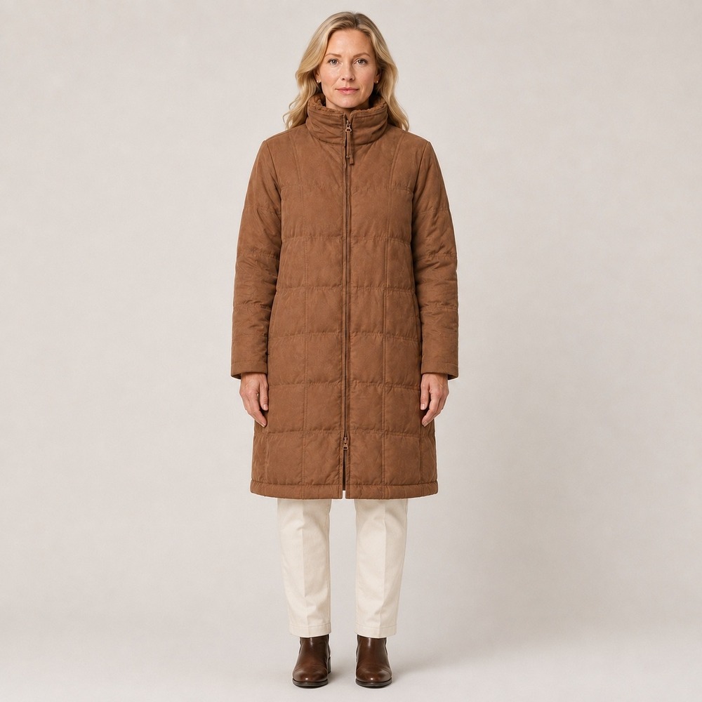 L.L.Bean Women's Small Petite Brown Goose Down Maxi Puffer Coat Sherpa Collar
